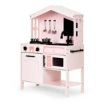 Cuisine en bois pour enfant rose avec micro-ondes, évier et accessoires