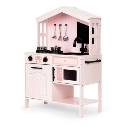 Cuisine en bois pour enfant rose avec micro-ondes, évier et accessoires