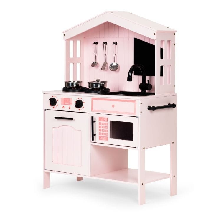 Cuisine en bois pour enfant rose avec micro-ondes, évier et accessoires Cuisine en bois pour enfant rose avec micro-ondes, évier et accessoires