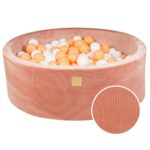 Piscine à balles ronde en velours abricot – 90x30 cm avec 200 balles blanches et oranges