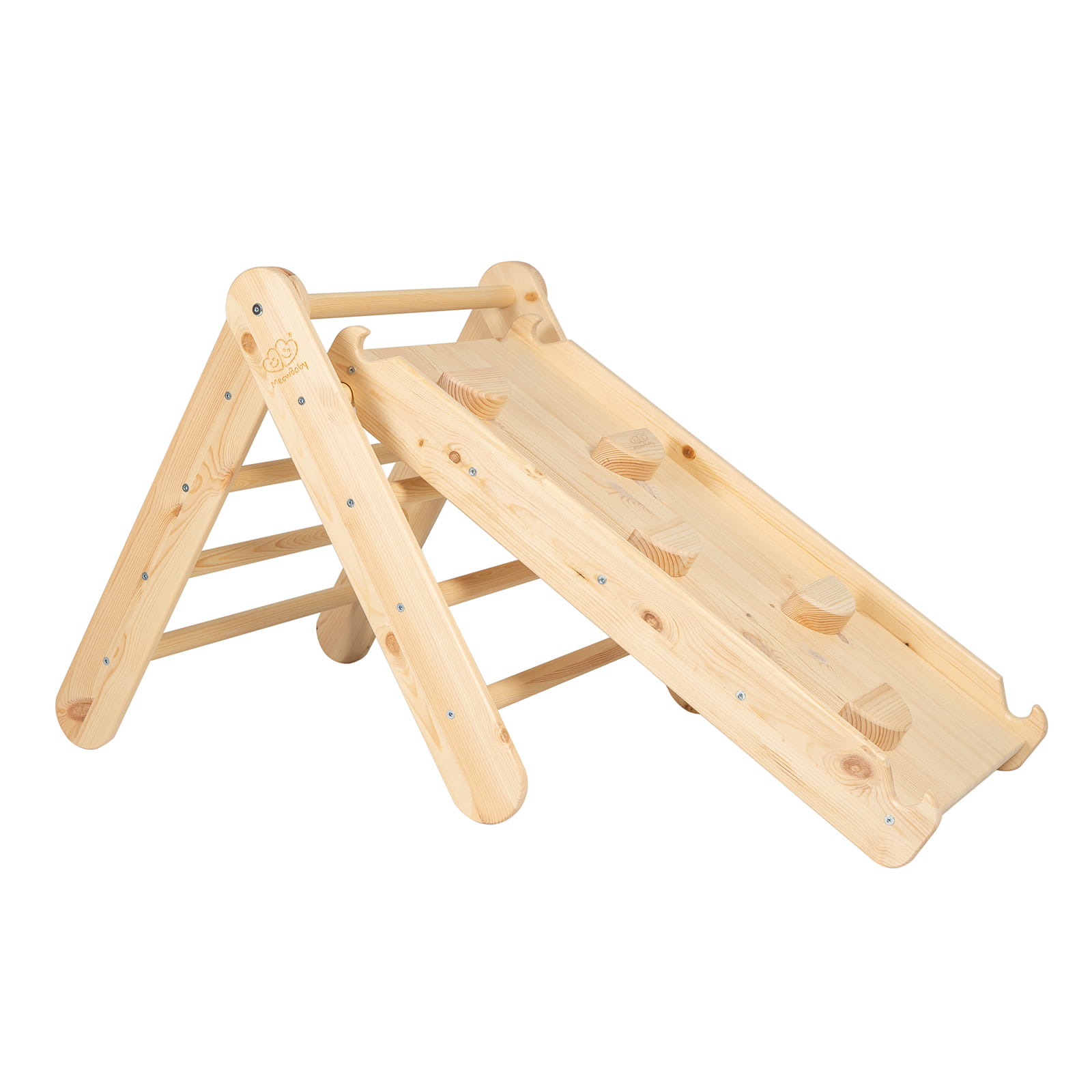 Meowbaby_ladder-with-slide-climbing-wall_natural-wood02.jpg Triangle Pickler Montessori 2-en-1 - avec Toboggan et Mur d'Escalade - Bois Naturel – Image 1
